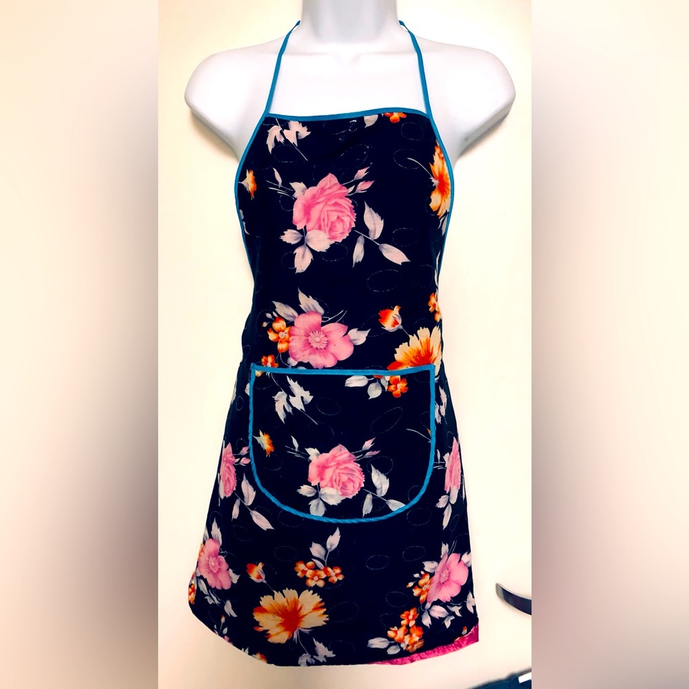 Floral Apron with Pocket - Black and Pink